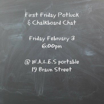 potluck announcement on chalkboard