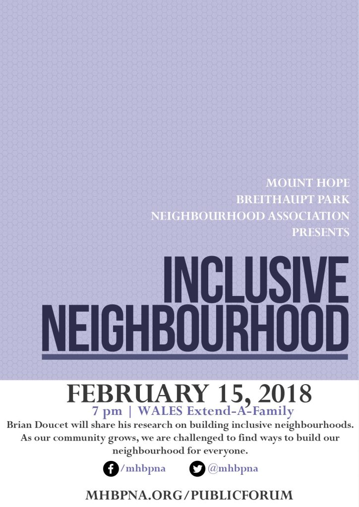 Event poster for Inclusive Neighbourhoods talks with Brian Doucet