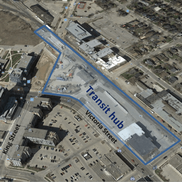 arial map showing area for new transit hub in Kitchener, bordered by Victoria Street, Duke, Breithaupt and King