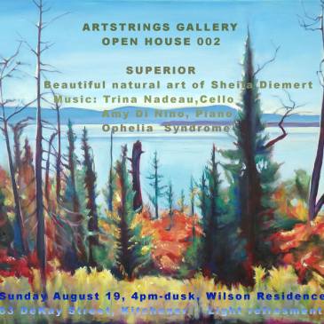 painting of Lake Superior trees in front of water