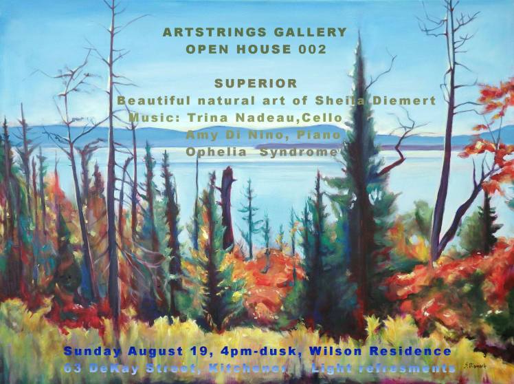 painting of Lake Superior trees in front of water