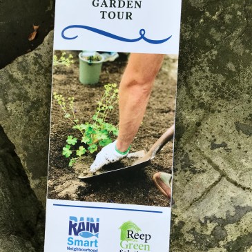 Mount Hope Rain Garden Tour brochure on a rock