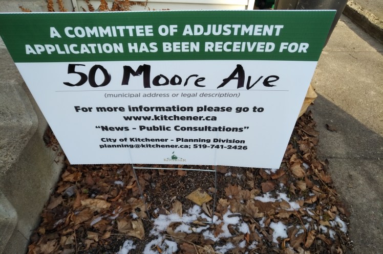 Committee of Adjustment sign on Moore Ave in Kitchener