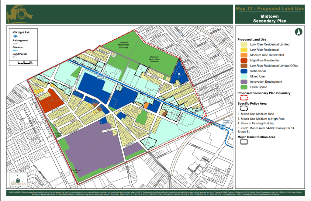 map of proposed land use designation and zoning for midtown kw neighbourhood