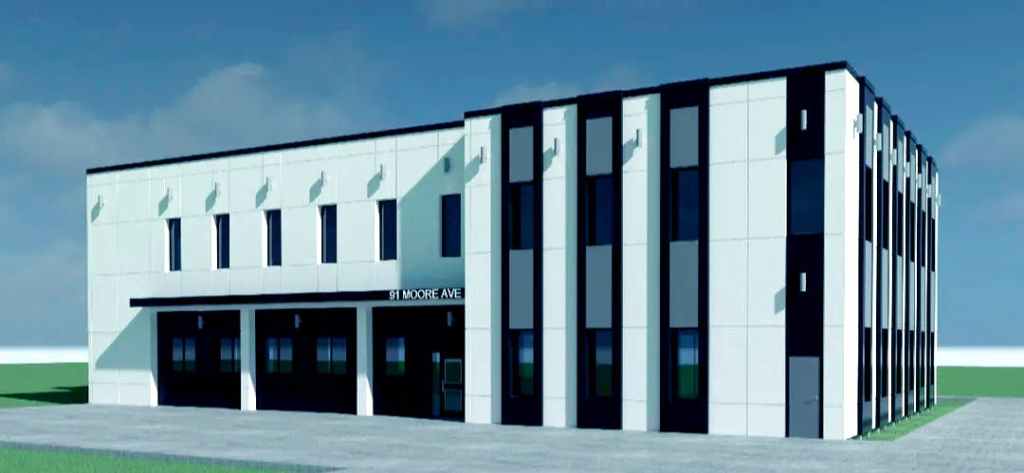 A rendering of the renovated exterior of the building includes modern white panels with new windows and black accents. 